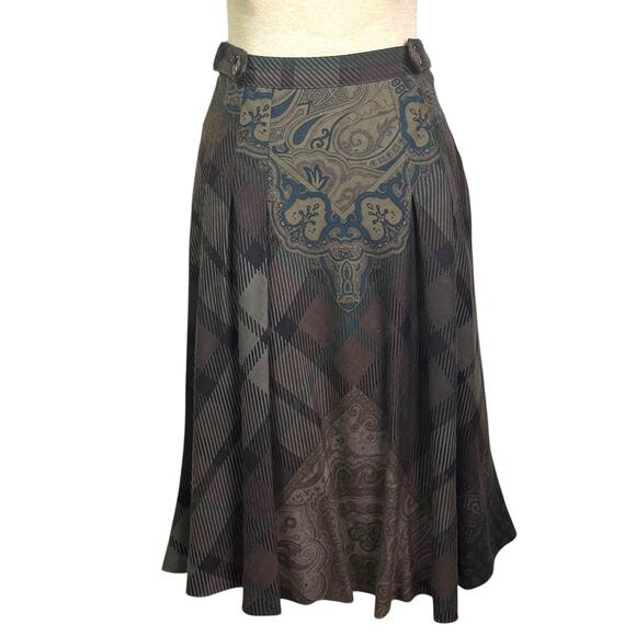 ETRO Made in Italy Size 40 US 4100% Wool Scarf Print Button Waist Midi Skirt - Picture 1 of 8
